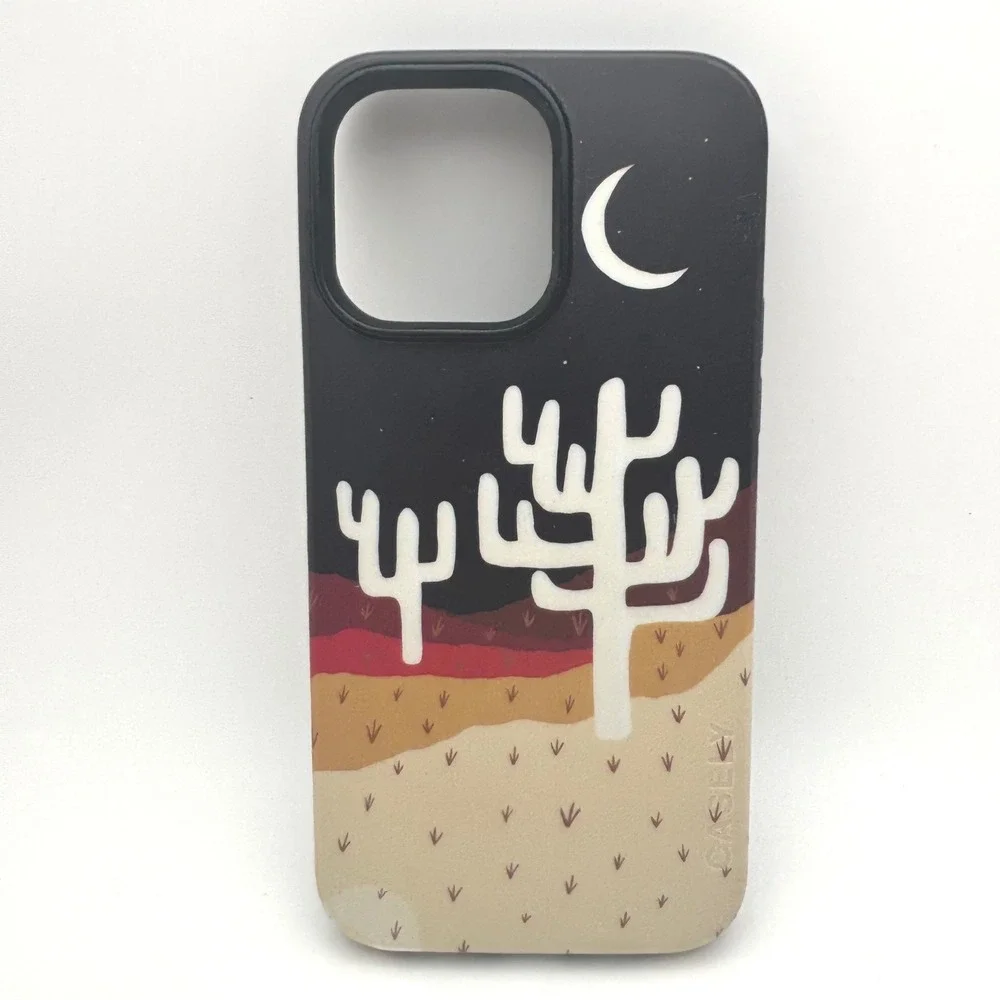 Casely iPhone 14 Pro Max Case Desert Moon Cacti Landscape Black Tan Burgundy